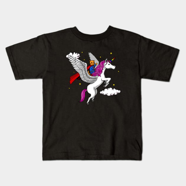 Cat Superhero Riding Pegasus Unicorn Party Kids T-Shirt by underheaven